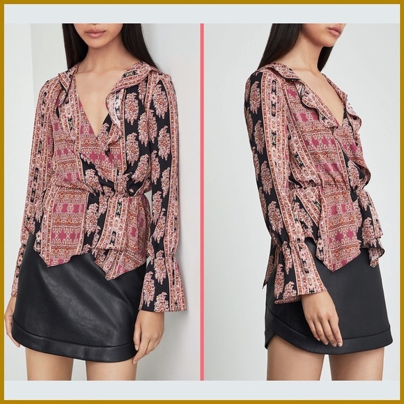 BCBGMaxAzria Ruffled Pink Black Printed Top | Blouse - Picture 11 of 15